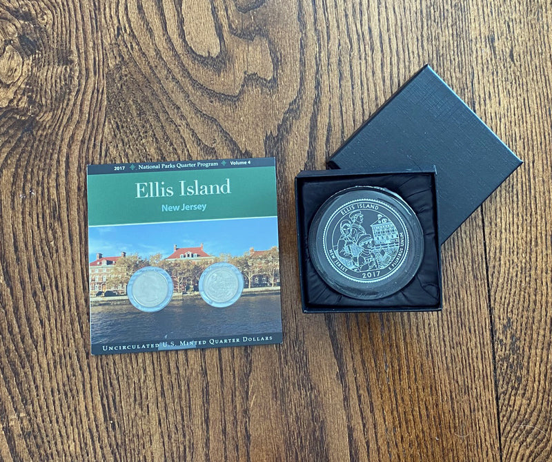Paperweight and Ellis Island Quarters
